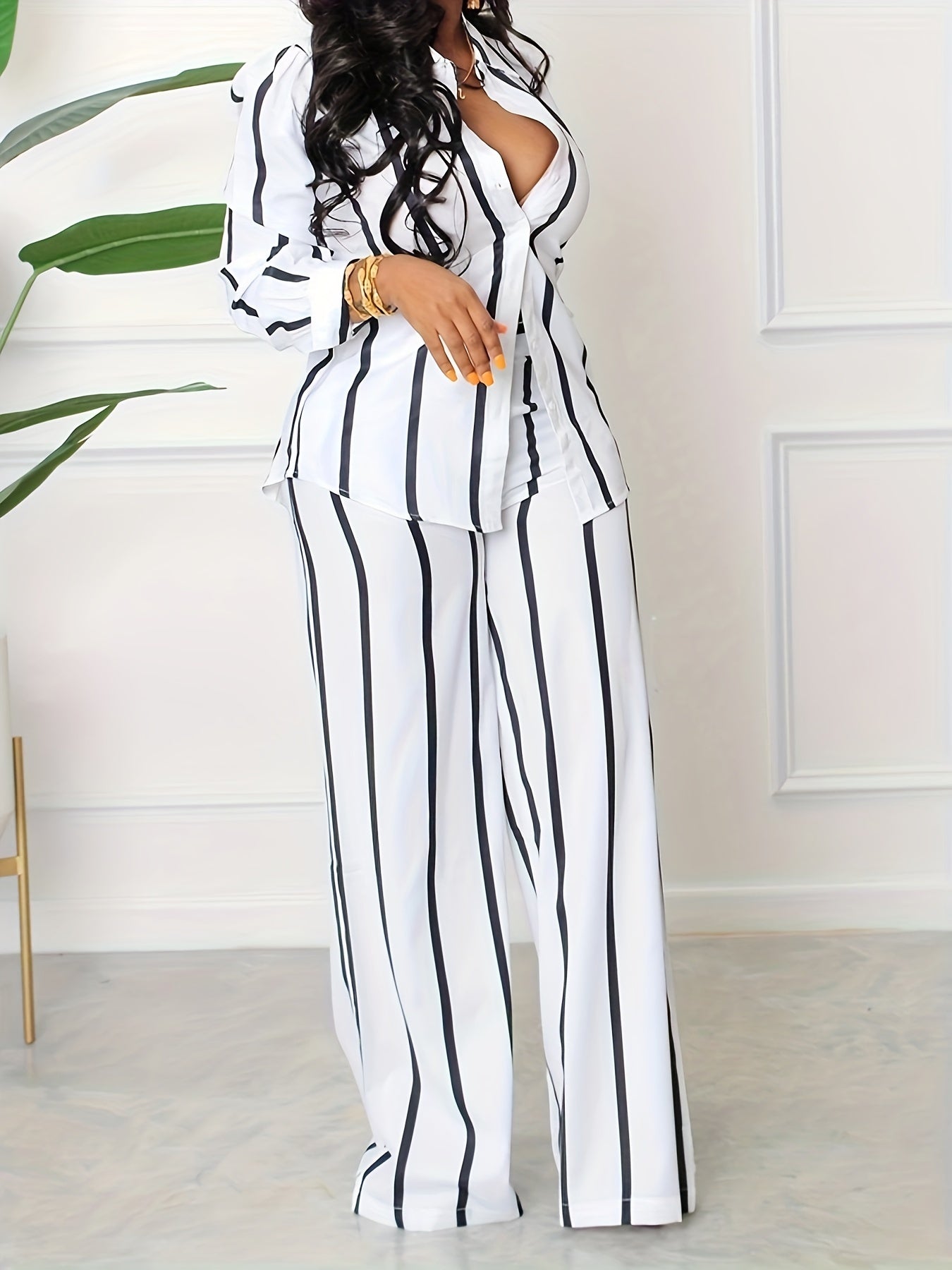 Striped Print Two-piece Set, Button Front Collar Long Sleeve Shirt & High Waist Wide Leg Loose Pants Set, Women's Clothing