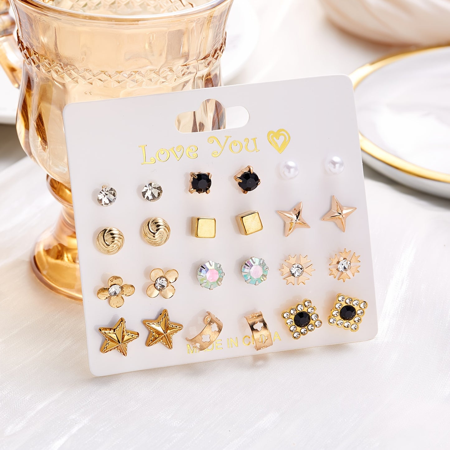 12Pairs/Set Flower Faux Pearl Heart Strawberry Stud Earrings Set, Simple Golden Earrings For Girls, Daily Week Earrings Set, Ideal choice for Gifts