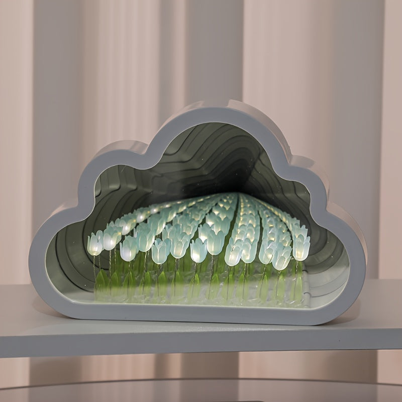 1pc Handcrafted Tulip Cloud LED Night Light with Mirror - Multicolor Flower Sea Glow, Adjustable Brightness, Battery-Powered Desk Lamp for Bedroom & Living Room Ambiance - Ideal Gift for Girlfriend, Best Friend on Christmas,