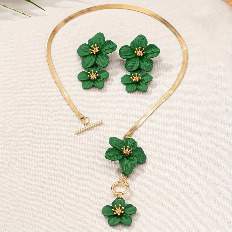 2pcs/set Fashionable and Elegant Flower Pendant Necklace and Earrings Jewelry Set Suitable for Women's Daily Gatherings, Parties, Holiday Travel, and as a Gift for Your Wife on Festivals