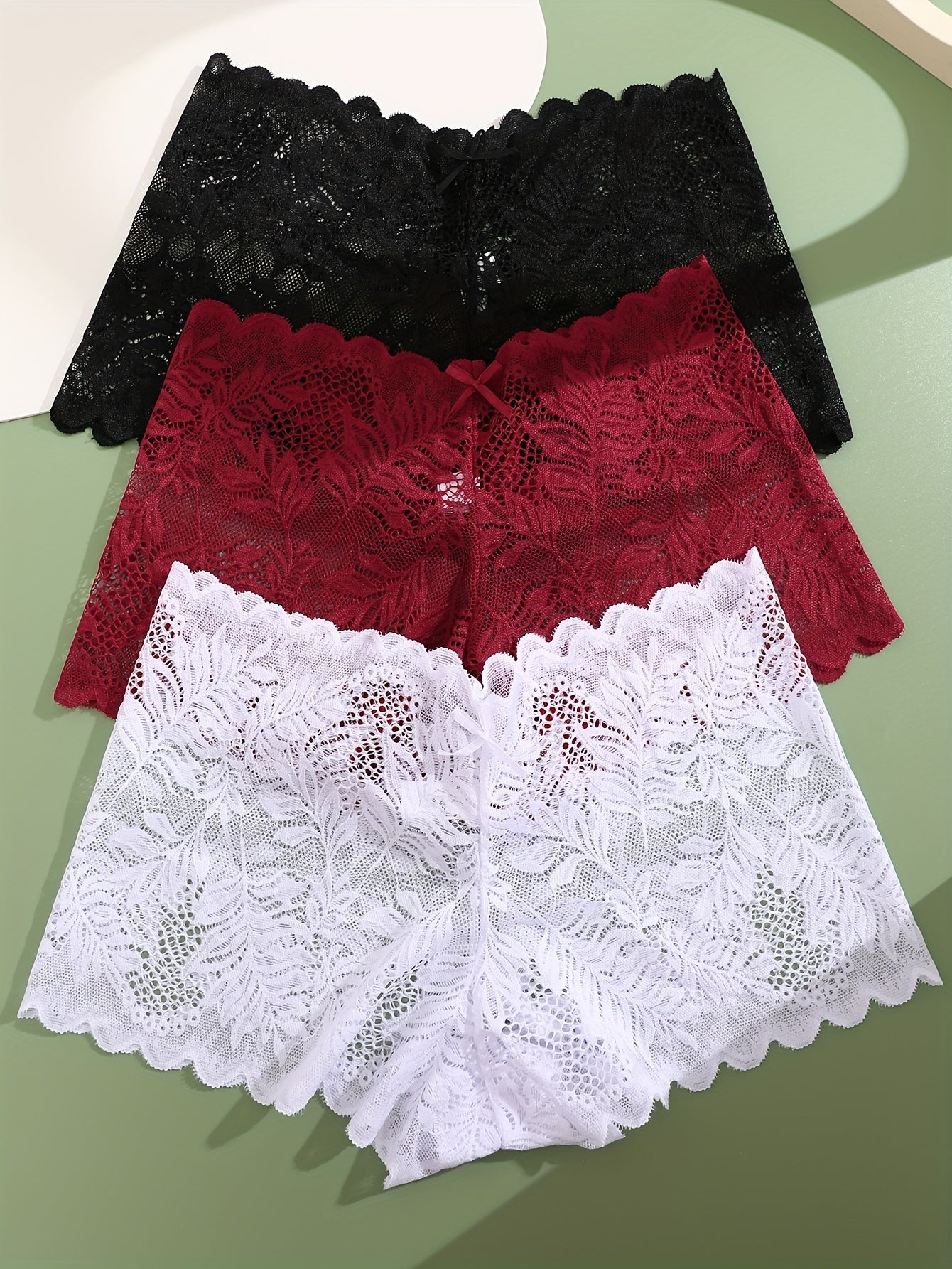 3pcs FINETOO Women's Sexy Low-Rise Lace Boyshort Panties - Breathable, Stretchy Nylon Blend with Floral Pattern, Scalloped Trim in Black, White, & Pinkish-Beige