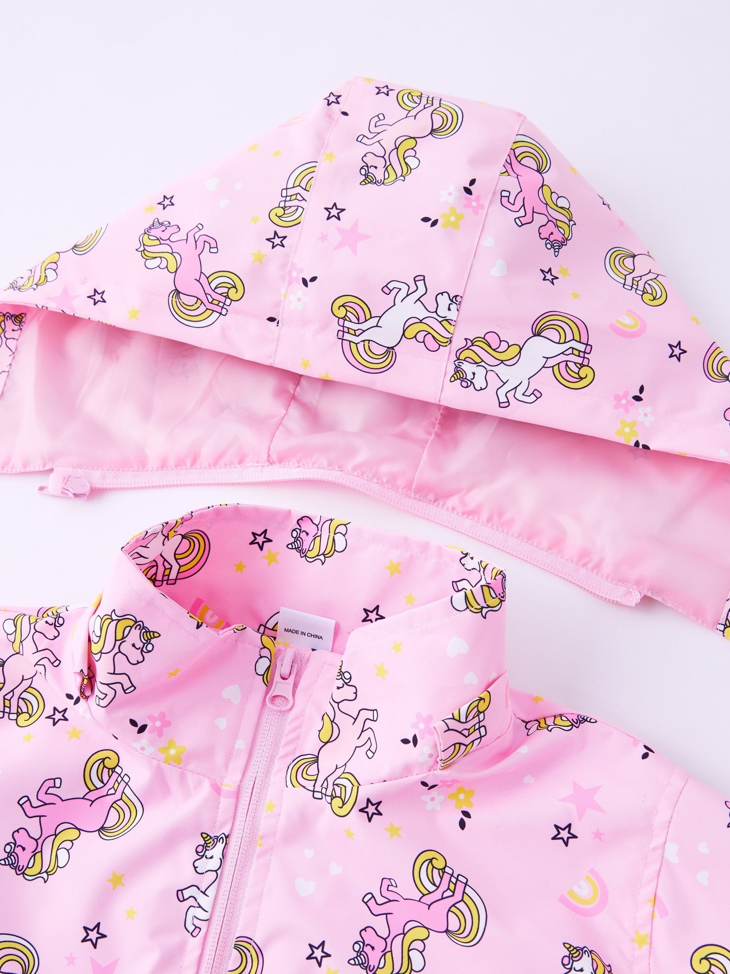 Girls' Unicorn Jacket - Lightweight Windproof Hooded Outerwear with Removable Hood, Pastel Rainbow & Clouds Design, Zip-Up Front, Long Sleeves, and Pockets for Spring/Fall Casual Wear, Unicorn Clothes, Playful Kids Fashion, D