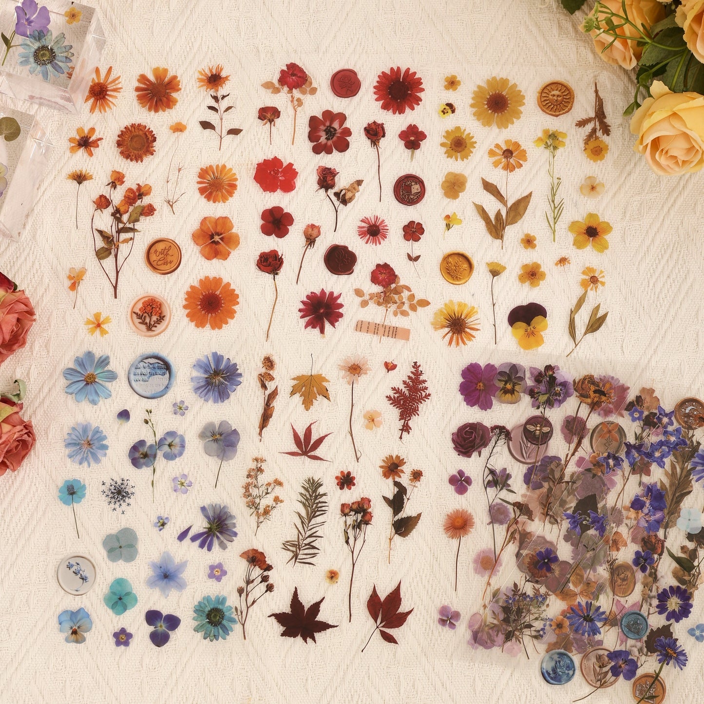 750pcs (40 Sheets) PET Resin Flower Stickers Kit - Watercolor Rub-On Resin Botanical Decals, Irregular Shapes with Roses, Daisies, Lavender, Tulips, Lilies for Scrapbooking, Junk Journals, Planners, Plasticky-like Layering