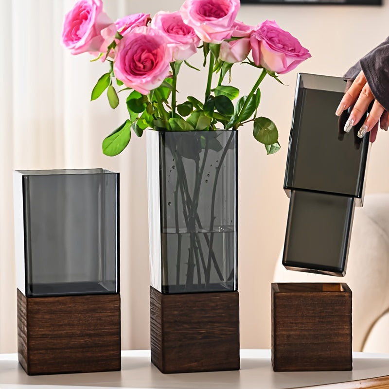 Acrylic Elegant Nordic-Style Vase with Wooden Base - Perfect for Living Room Decor & Floral Arrangements, Ideal Gift for Christmas, Thanksgiving & More