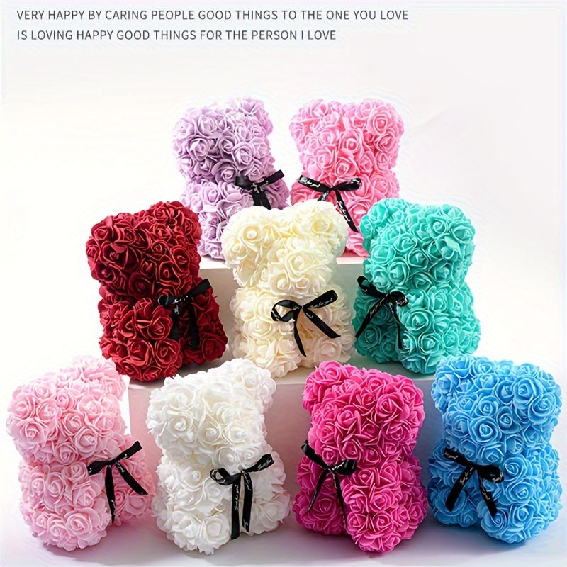 20cm Deluxe Artificial Rose Bear Flower Arrangement - Exquisite Foam Roses in Decorative Container for Romantic Home Decor, Festive Celebrations, and Thoughtful Gift-Giving - Perfect for Valentine's Day, Mother's Day, Anniver