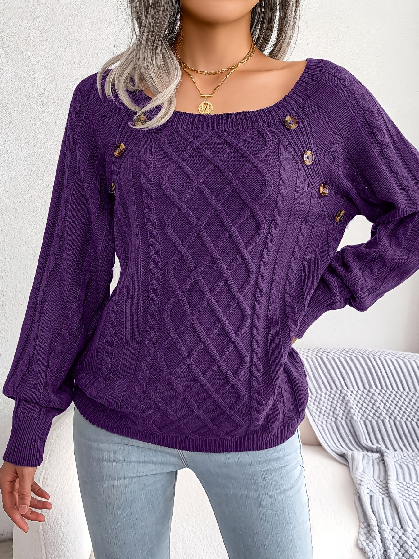 Autumn/Winter European and American Casual Solid Color Square Neck Button Twist Long Sleeve Pullover Sweater