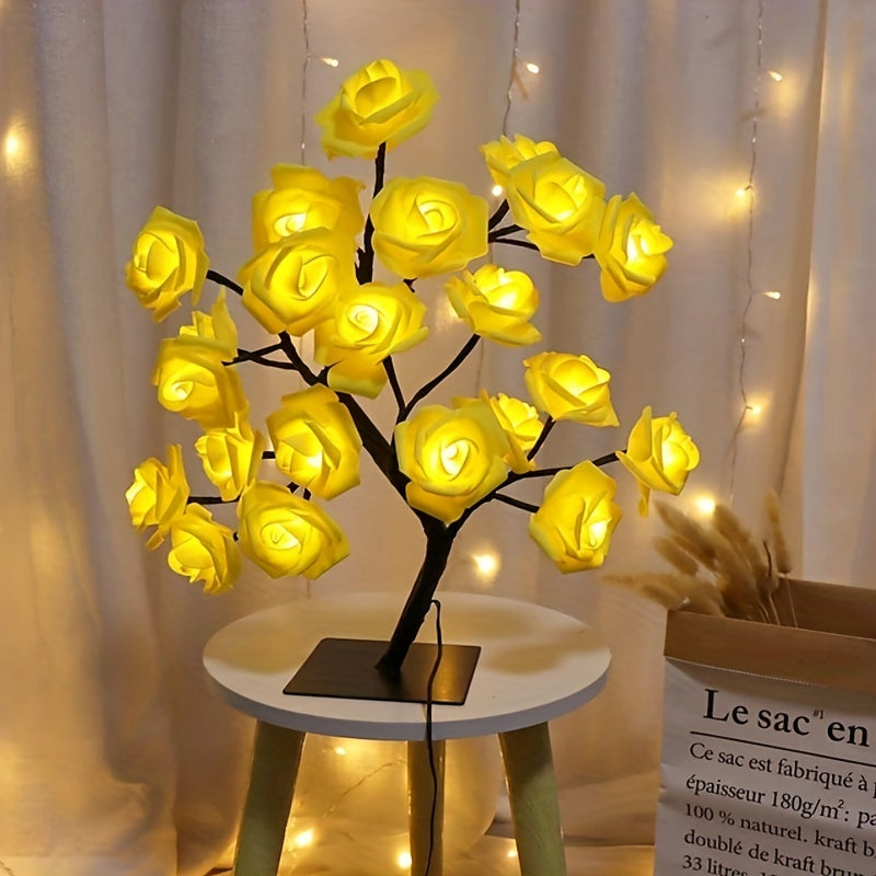 1pc LED Rose Flower Table Lamp, Valentine Tree Fairy Lights 24LED Rose Flower Tree Lights Valentine's Day USB Table Lamp Fairy Maple Leaf Night Light Home Party Christmas Wedding Bedroom Decoration Gift