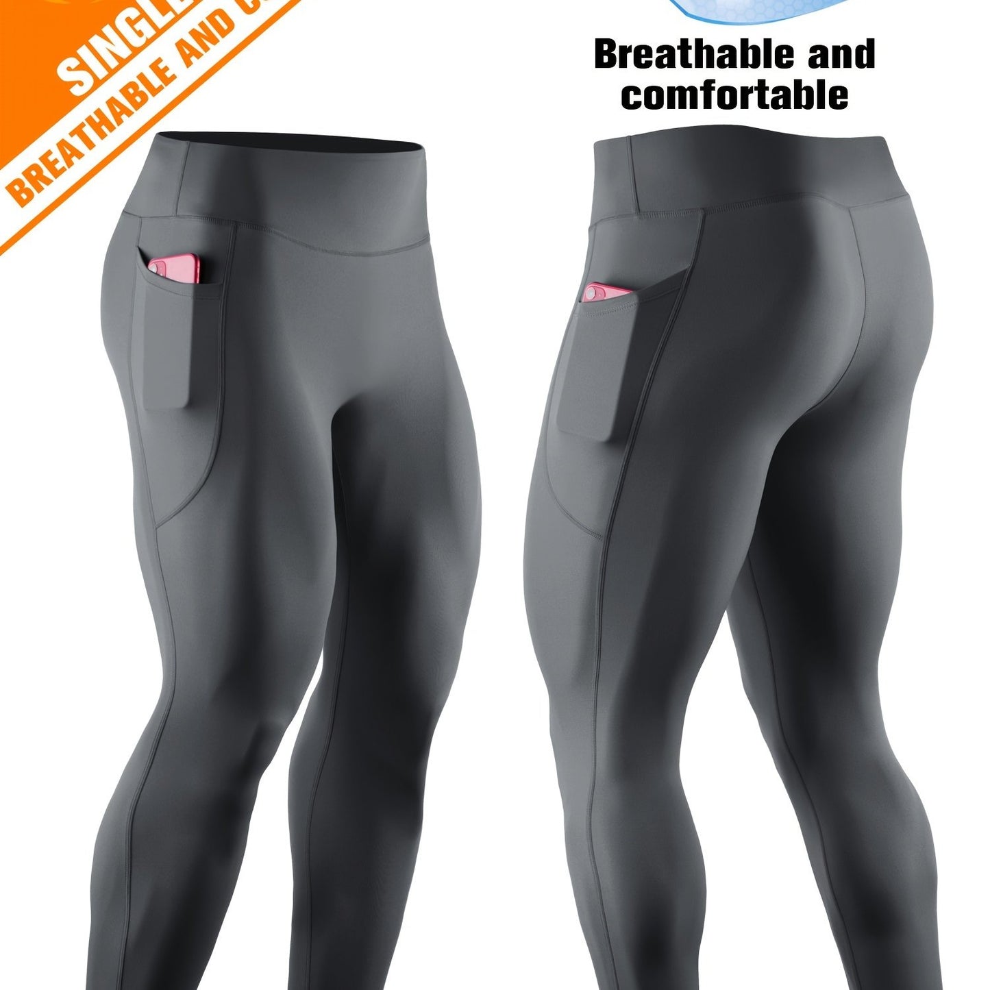 Men'S High Waist Compression Sports Leggings, Quick Dry, High Elastic, Polyester 90% Spandex 10%, Solid Color, Pocket Detail, Knit Fabric, Skinny Fit, Four Seasons, for Running, Yoga, Training, Basketball, Outdoor Activities