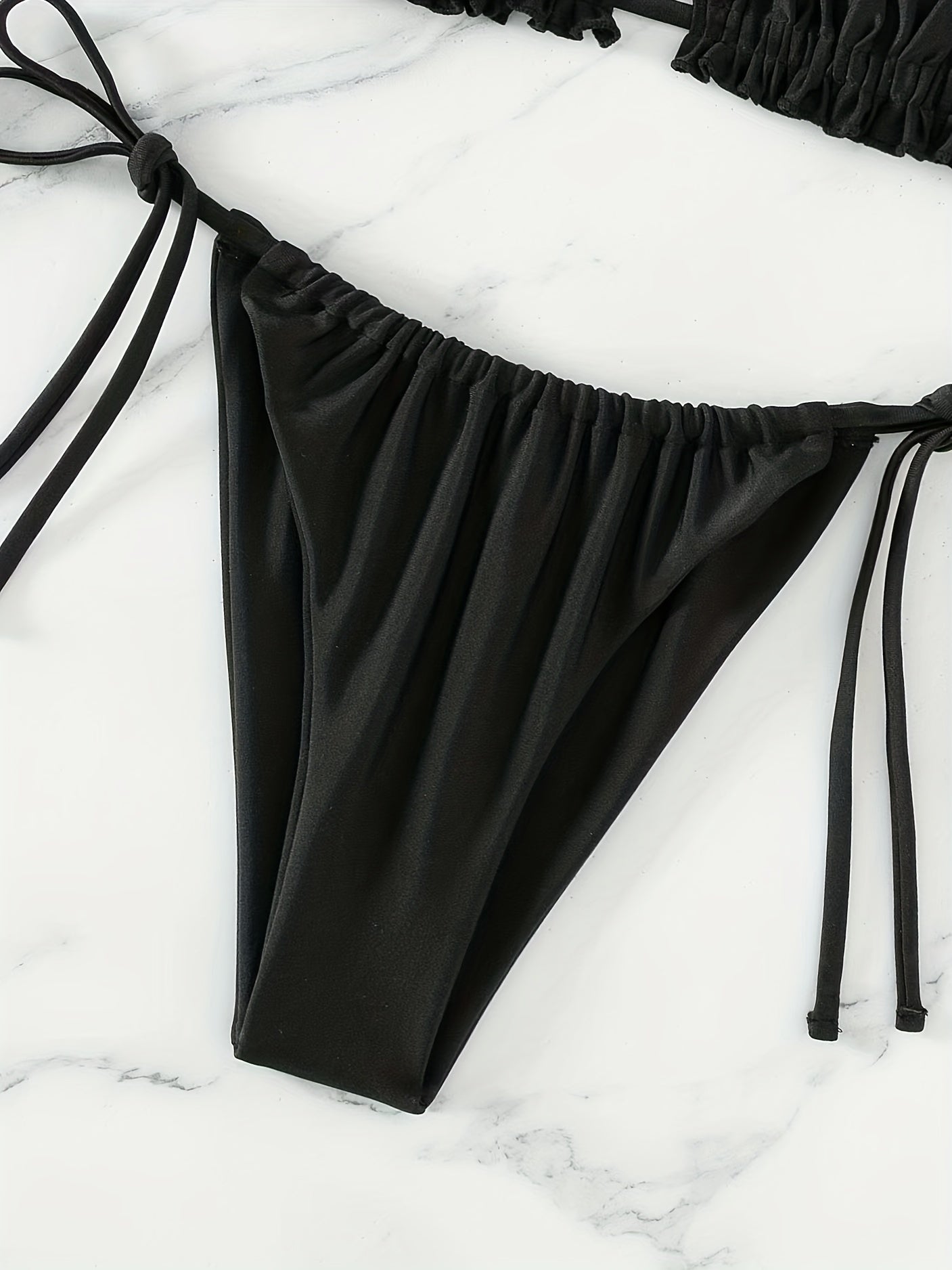 Ruched Bra Top Double Drawstring Bandeau Tie Side High Cut Two Piece Bikini Swimsuit, Women's Swimwear