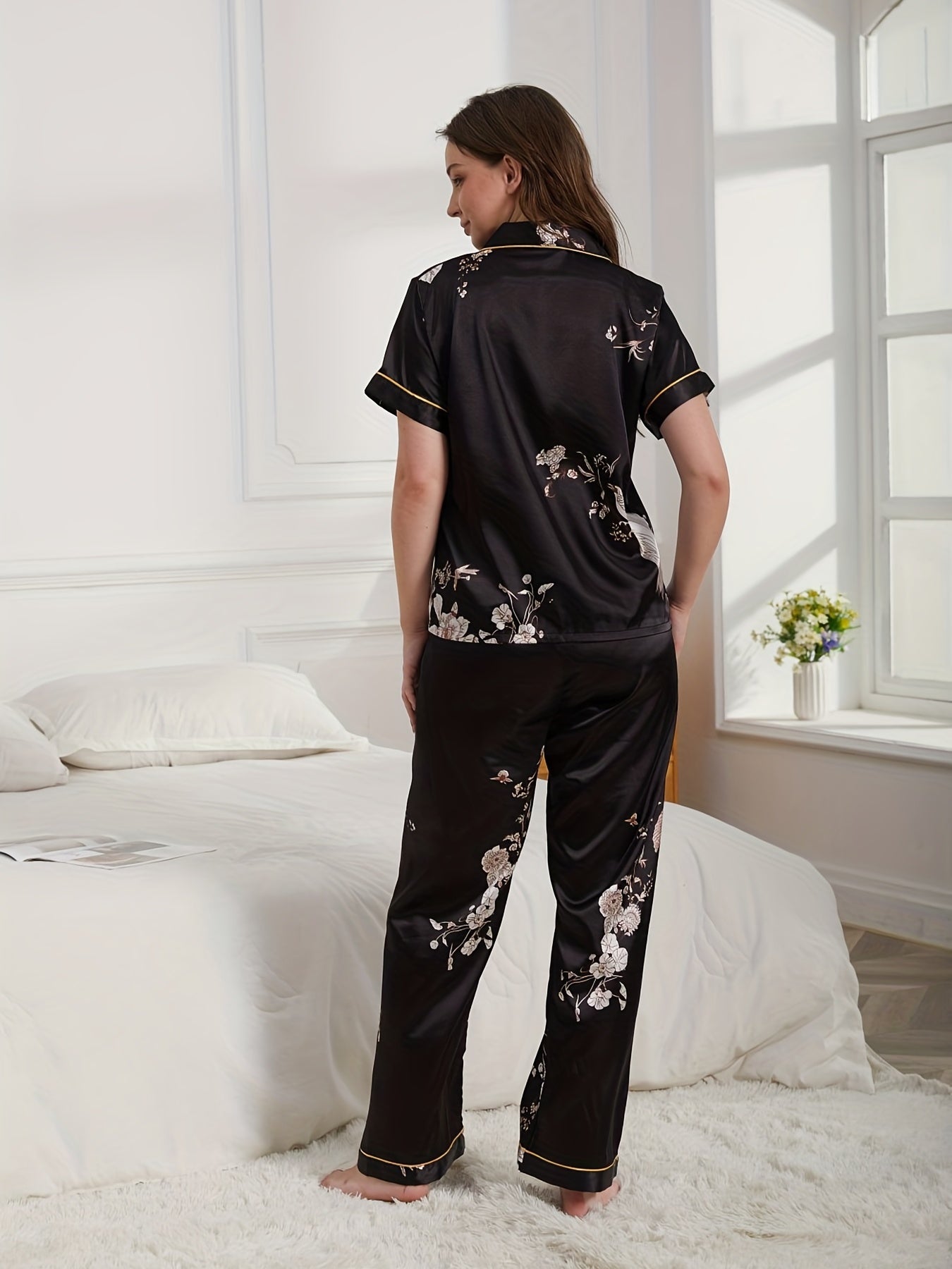 Floral Print Satin Pajama Set, Short Sleeve Button Up Top & Elastic Waistband Pants, Women's Sleepwear & Loungewear