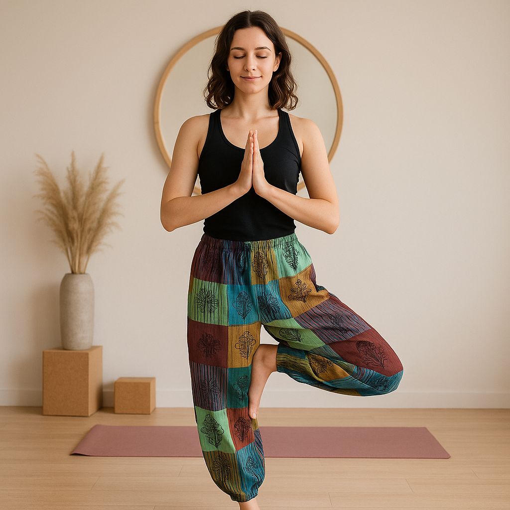 Nomad Sari - Mushroom Pants - Block Print Designs -Green Tones S/M