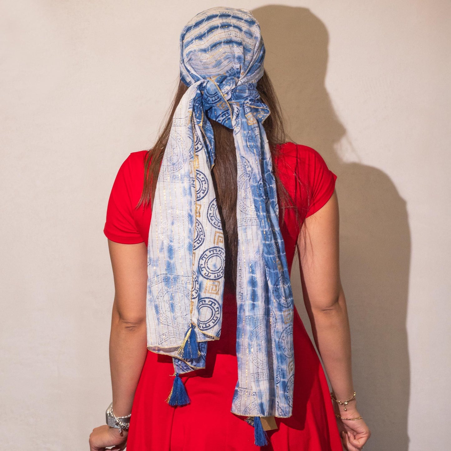 Nomad Sari Summer Marbella Print Scarf - Blue with Gold (180x50cm)