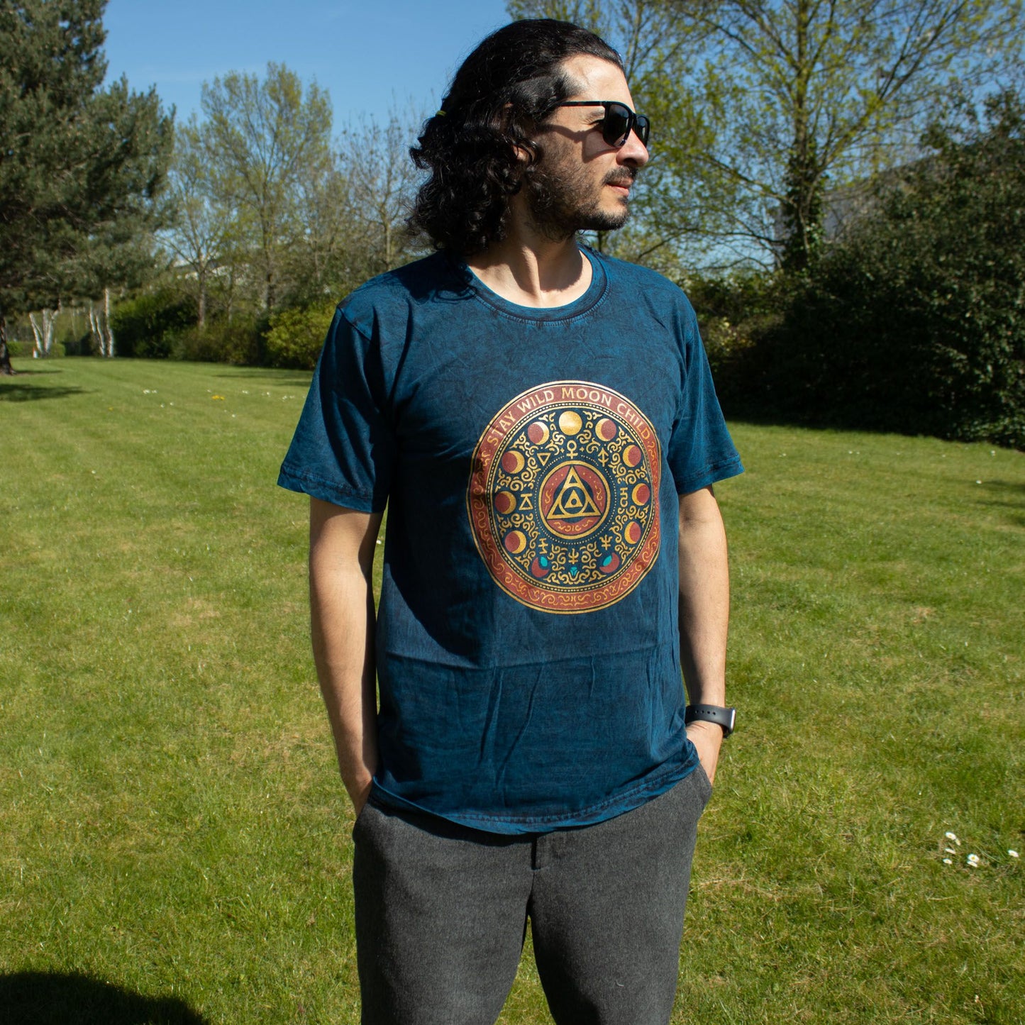 Nomad Sari Stonewashed Cotton T-Shirt - Stay Wild Moon Child - Blue - Medium