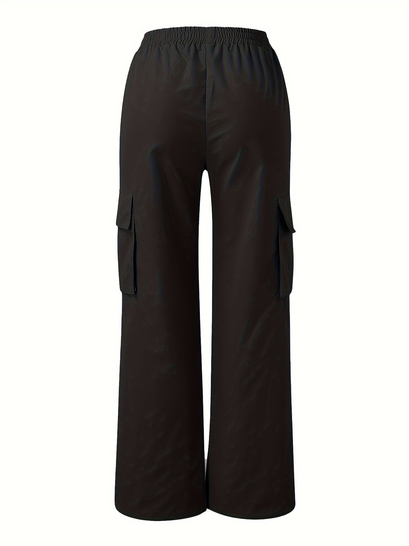 Solid Color Flap Pockets Straight Legs Trouser, High Waist Casual Wide Legs Cargo Pants, Women's Sweatpants
