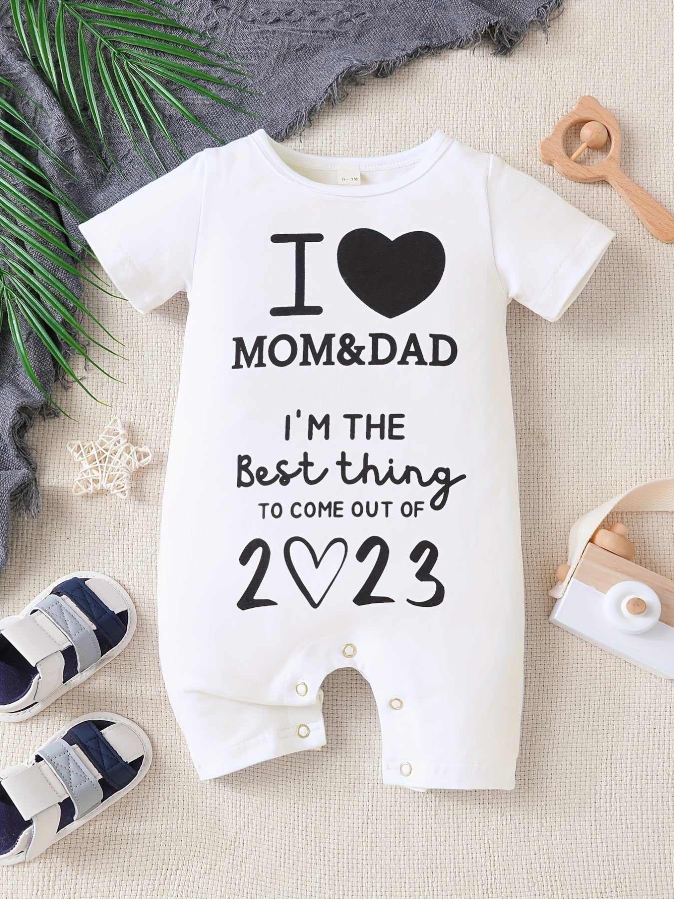 Baby Boys And Girls Casual "I Love My Mom & Dad" Printed Short Sleeve Romper, Cute Comfy Outdoor Jumpsuit Clothes