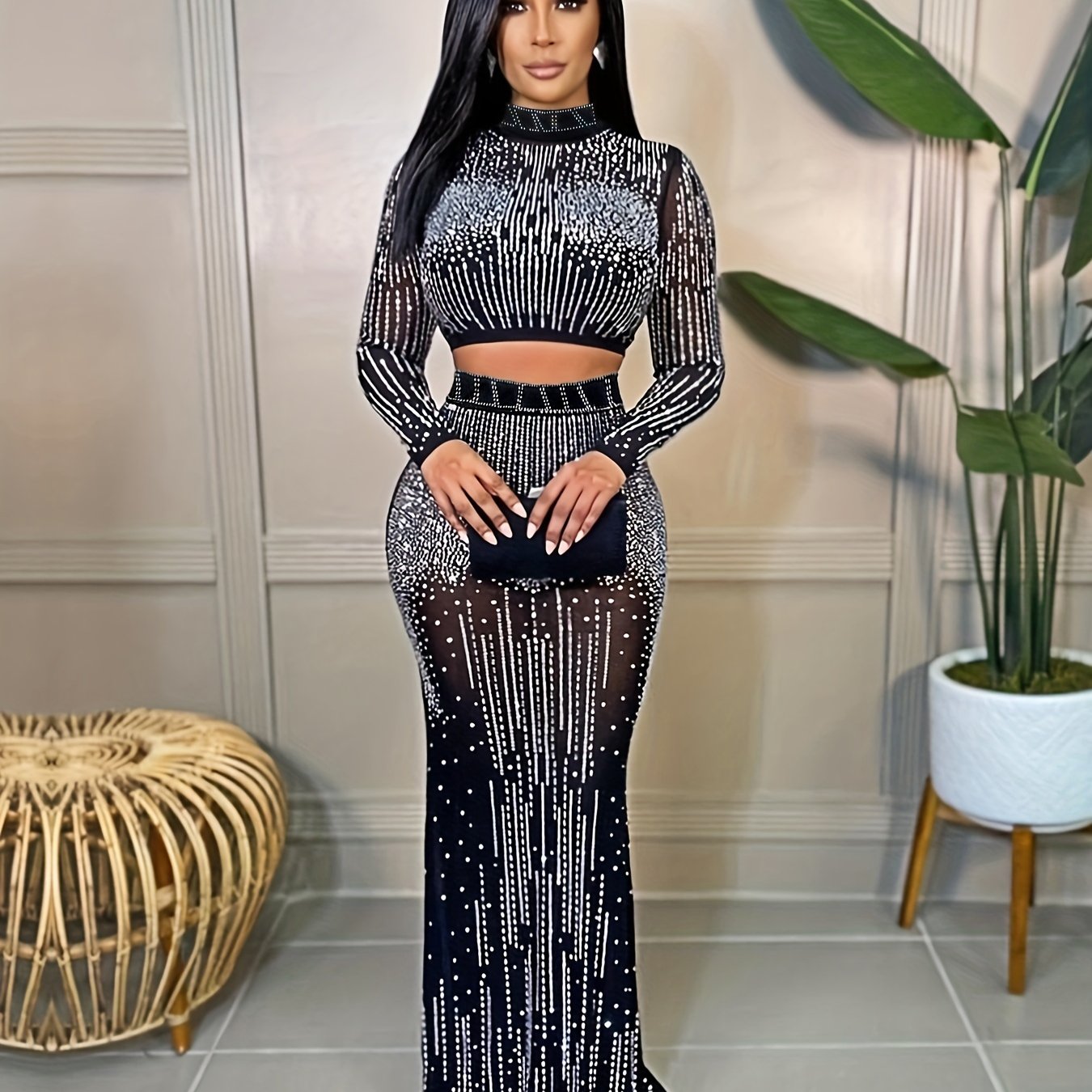 Party Dress Elegant Sexy Rhinestone Skirt Suit Women