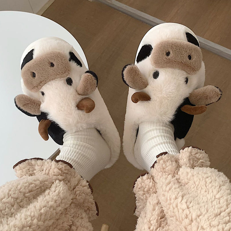 Cute Milk Cow Slippers | Women and Men Fuzzy Slippers, 2022 Winter Plush Platform Slides, Indoor Kawaii Shoes, Cartoon Style, Fabric Upper and Insole, TPU Sole