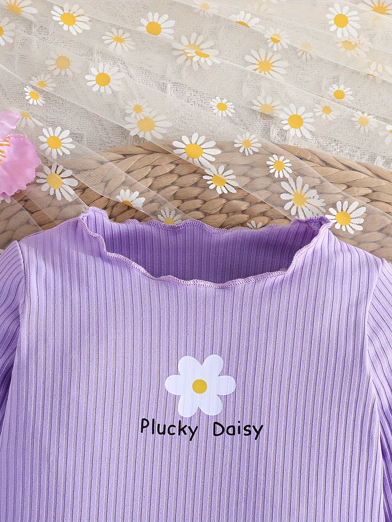 2-piece Baby's Flower Print Ribbed Long Sleeve Top + Casual Pants, Toddler & Infant Girl's Clothing Set Outdoor