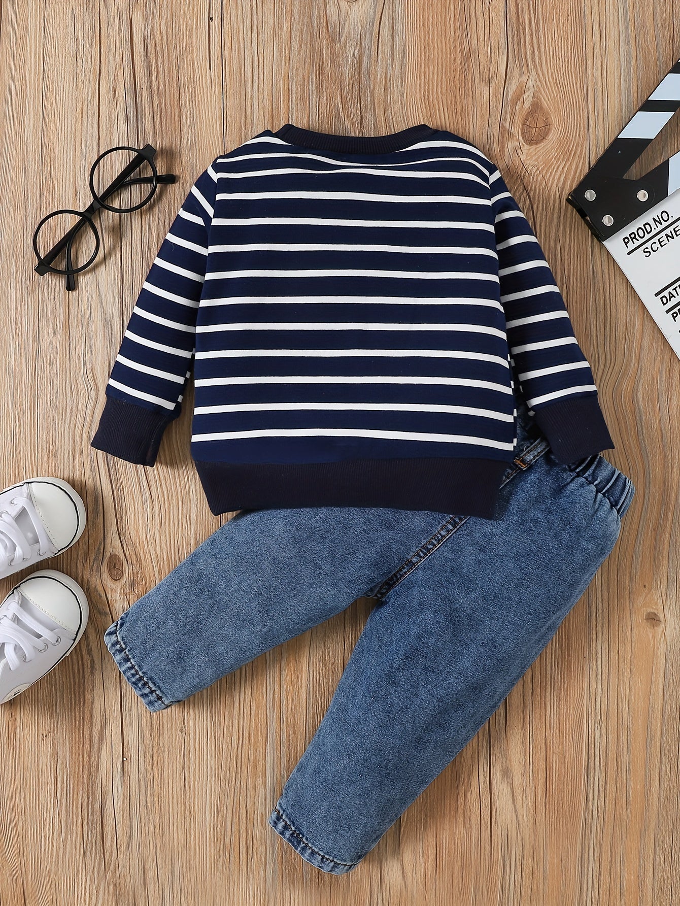 2pcs Infant Baby Boy Cute Striped Elephant Pattern Long Sleeve Top & Denim Trousers Outdoor Set For Spring And Autumn