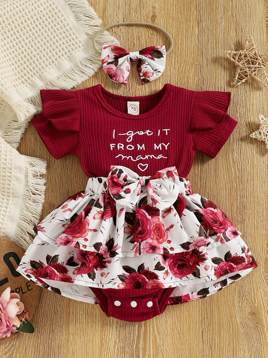 Baby Girls Spring Summer New Floral Skirt Swing Short Sleeve Romper Puffer Coat + Bow Headband Set, Suitable For Outdoor Wear
