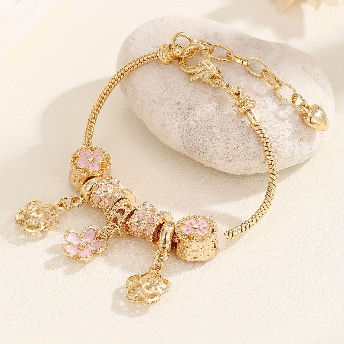 Delicate Pink Flower Pendant Bangle Bracelet - Timeless Elegance for Versatile Style - Handcrafted Copper Chain Jewelry, Adjustable & Durable