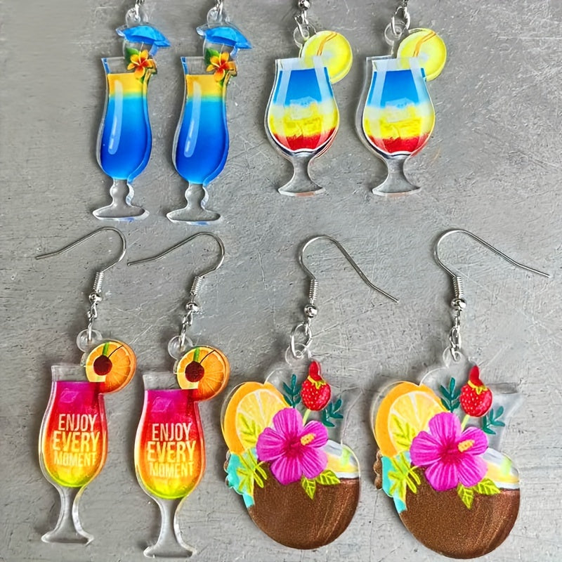 Bohemian Vacation Style Coconut Flower Cold Drinking Dangle Earrings Plastic Jewelry Summer Beach Party Earrings