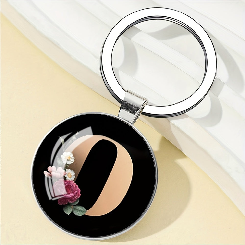 1pc Elegant Floral Alphabet Glass Keychain, Round Character-Themed Alloy Keyring, Romantic Collegiate Style Accessory, Ideal for Birthday, Anniversary, Graduation, Bridal Shower Gifts, and Festive Occasions - Christmas, Hallo