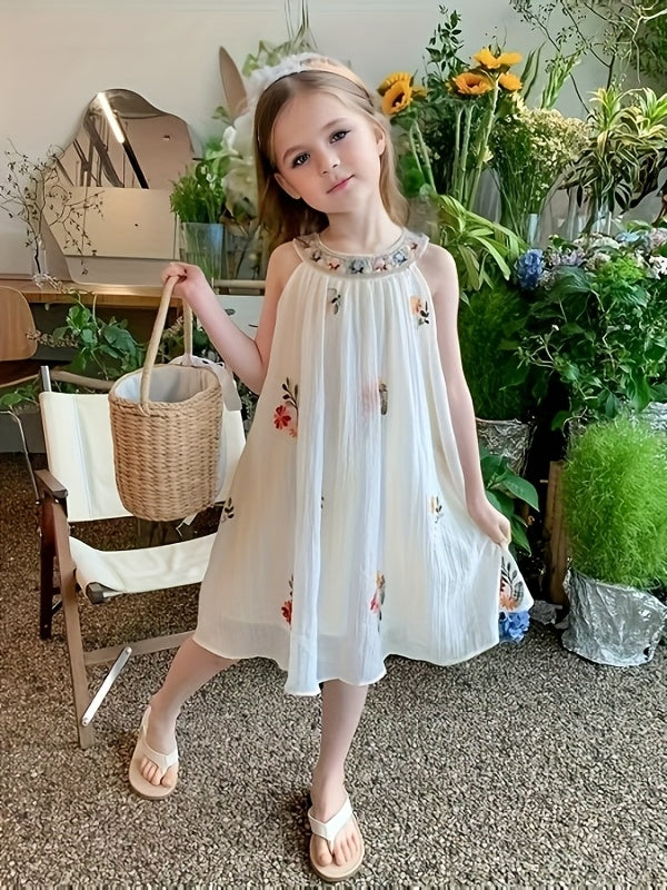 Summer New Bohemian Style Flower Embroidery Mesh Overlay Dress | Sleeveless, Non-Stretch Fabric, Flared Hem, Round Halter Neck, Ideal for Casual and Travel Vacation, Little Thin Princess Dress