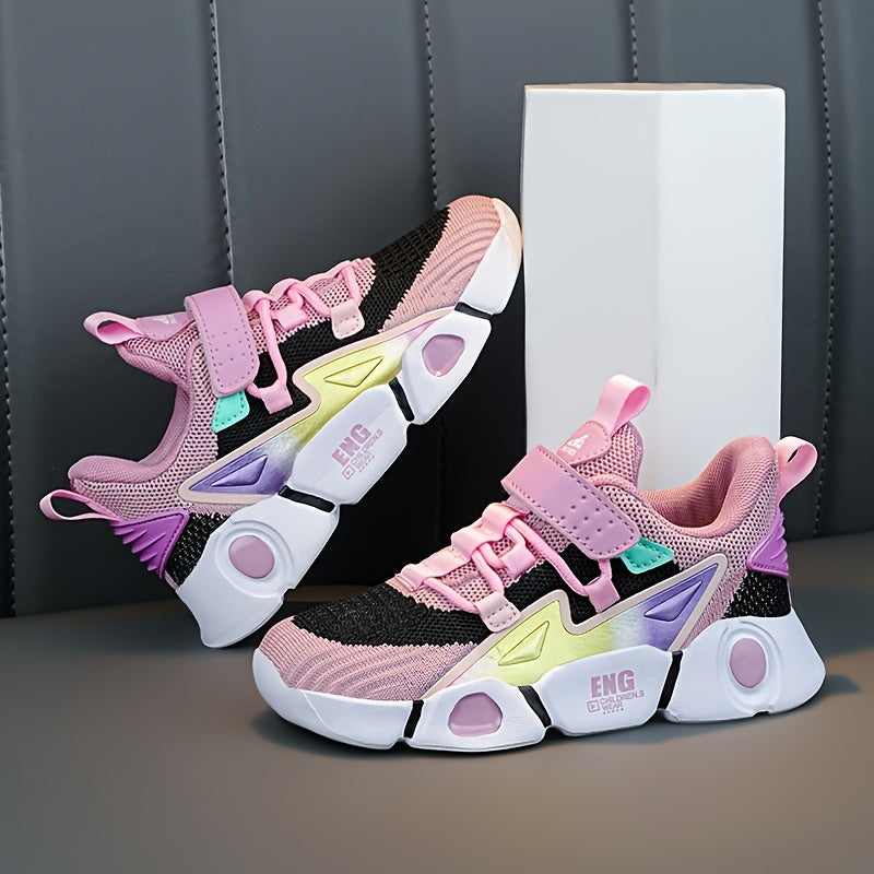Girls' Breathable Knit Sneakers - Fashionable Striped Low-Top Sneakers with Closure, Lightweight & Comfortable for All Seasons, Pink & Black Design with Mesh Upper and EVA Sole, Youngsters Sneakers | Fashionable Striped Sneak