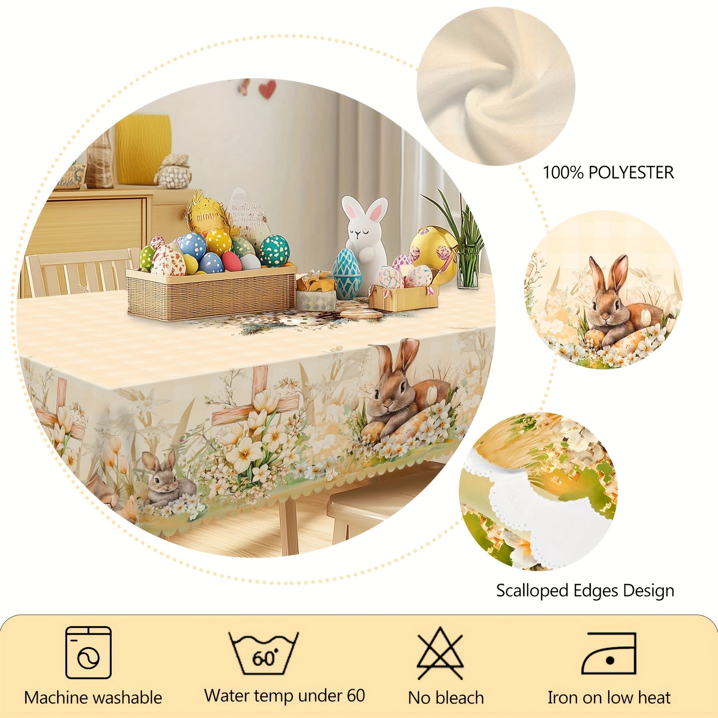 Durable Polyester Easter And Spring Themed Tablecloths, Tablecloths - Featuring Rabbit, Easter Egg, Flower, Cross, And Truck Patterns, Available in 5 Sizes - Round And Rectangular Tablecloths with Embossed Edges, Perfect for