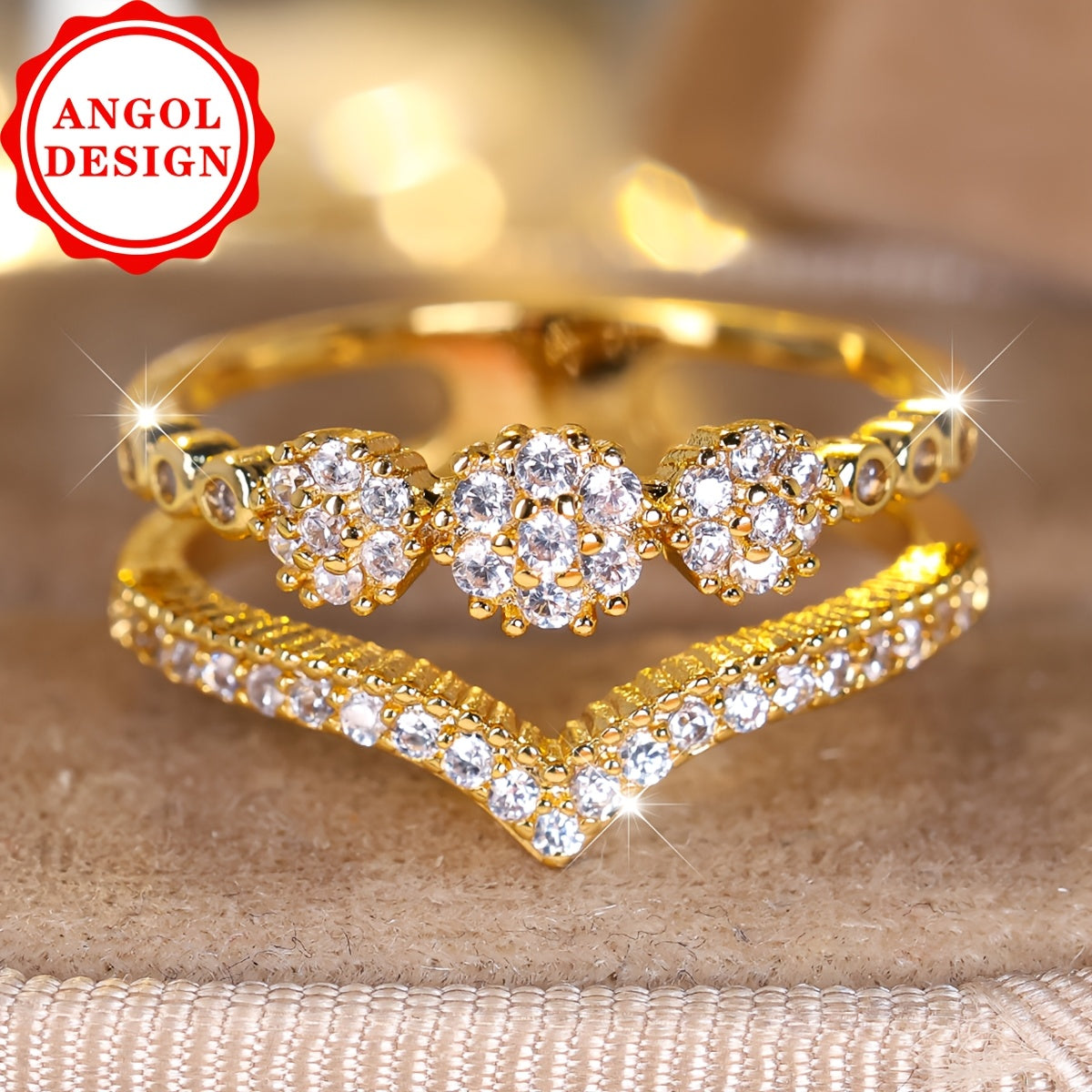 ANGOL'S Elegant Boho Double V-Cut Ring with Adjustable Trim - Luxurious Golden-Tone Zirconia Inlay, Perfect for Parties & Daily Wear, Adjustable Ring|Elegant Boho Ring|Cubic Zirconia Ring, Angel Jewelry