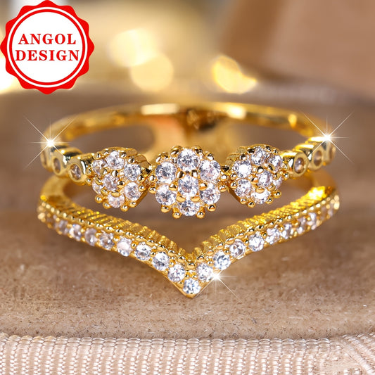 ANGOL'S Elegant Boho Double V-Cut Ring with Adjustable Trim - Luxurious Golden-Tone Zirconia Inlay, Perfect for Parties & Daily Wear, Adjustable Ring|Elegant Boho Ring|Cubic Zirconia Ring, Angel Jewelry