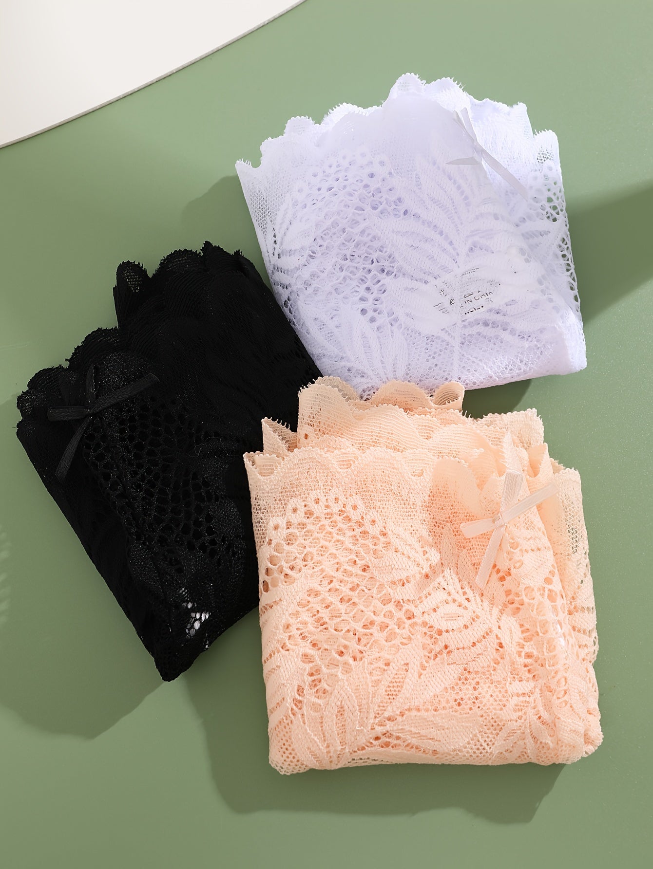 3pcs FINETOO Women's Sexy Low-Rise Lace Boyshort Panties - Breathable, Stretchy Nylon Blend with Floral Pattern, Scalloped Trim in Black, White, & Pinkish-Beige