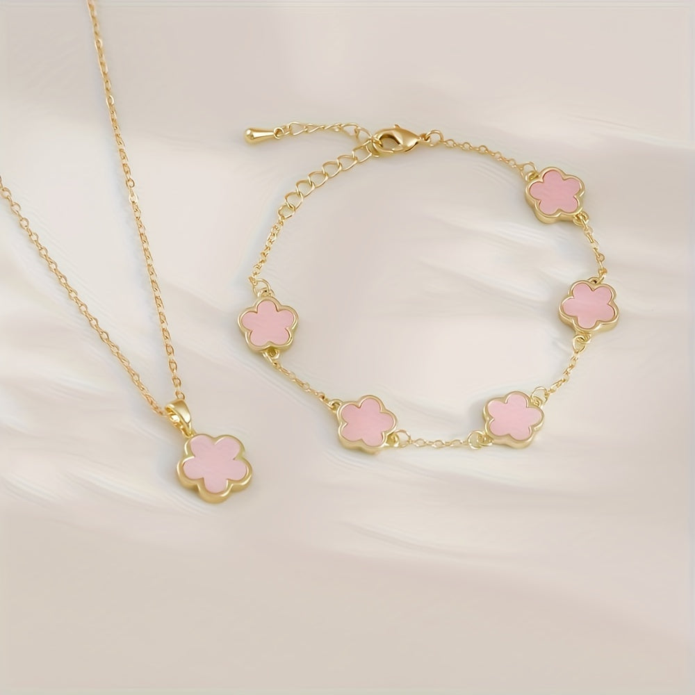 2pcs Necklace + Bracelet Voguish Jewelry Set Lucky Flower Design Multi Colors For U To Choose Match Daily Outfits Party Accessories