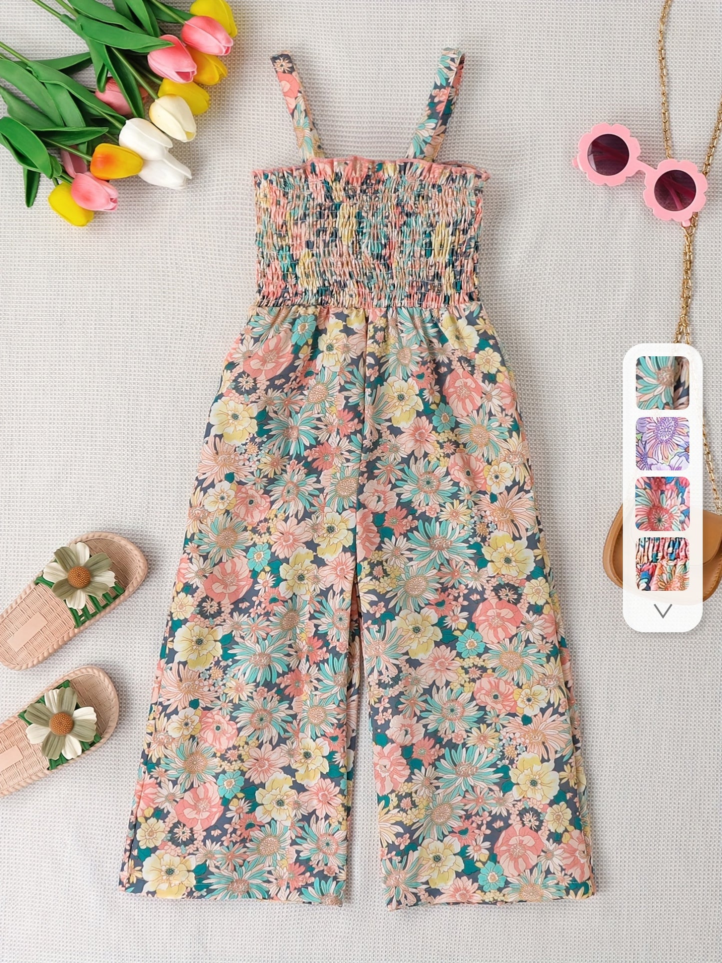 [Boho Flower Jumpsuit] Boho Flower Print Girls Shirred Cami Jumpsuit | For Going Out Party Holiday Kids Summer Clothes