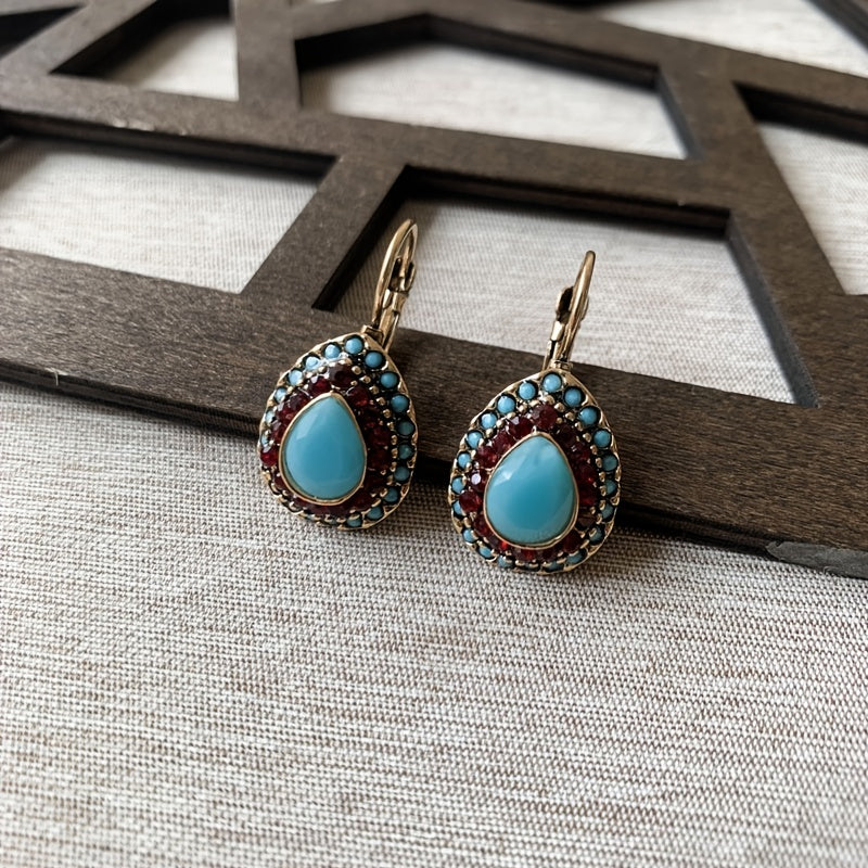 Classic Teardrop Resin Earrings for Women, Vintage Artificial Turquoise Rhinestone Hook Earrings, Gift for Loved Ones and Friends, Birthday Party Gift