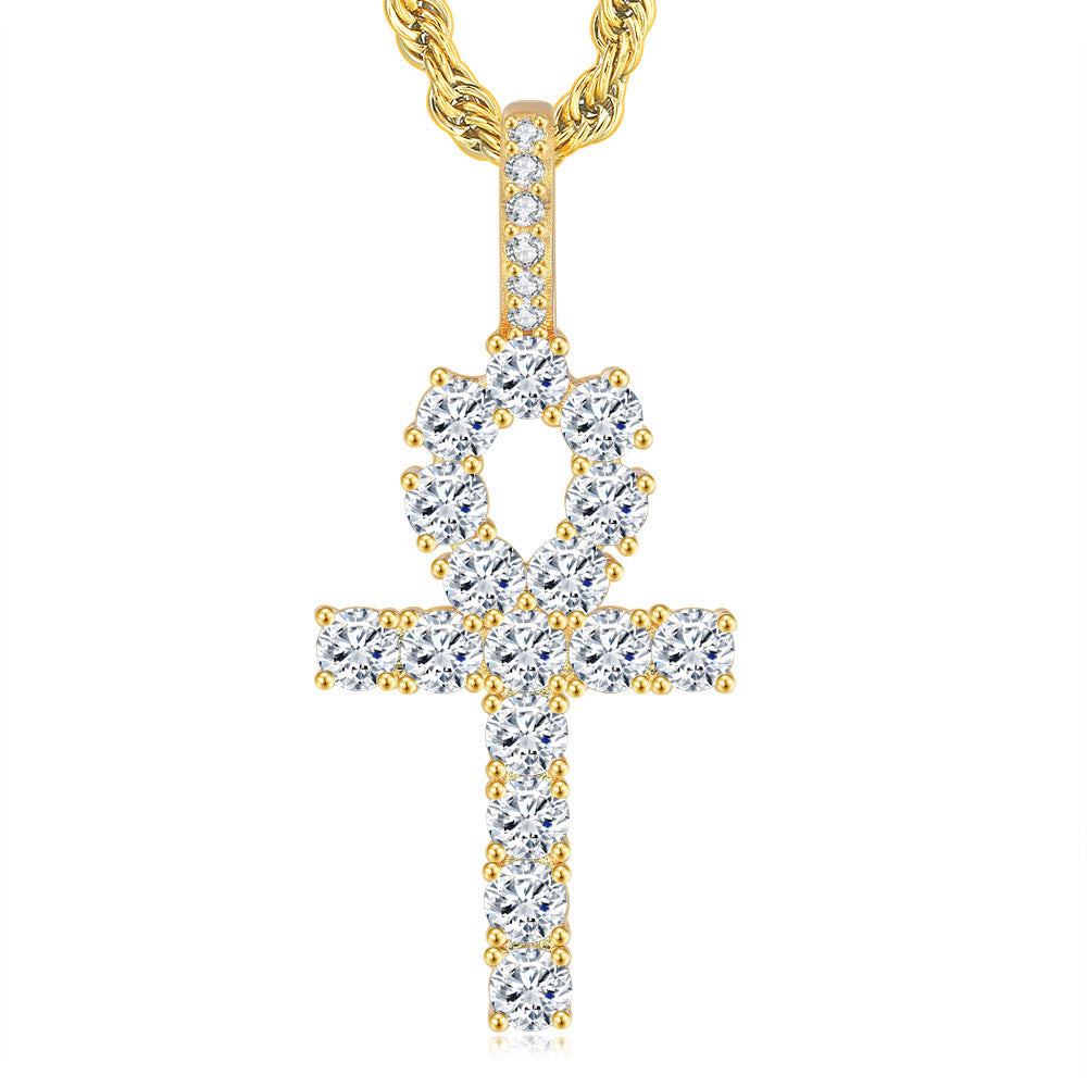 Hip Hop Cross Copper With 4mm Zirconia 14K Golden Plated Pendant Necklace
