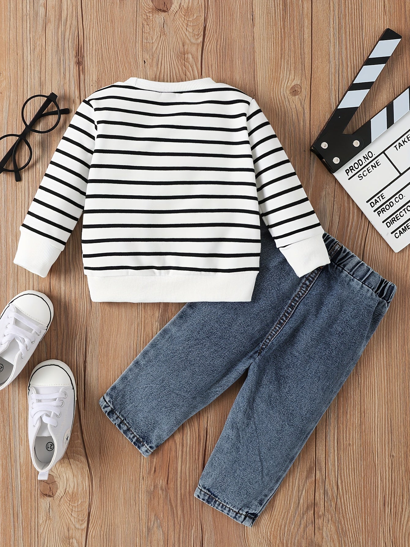 2pcs Infant Baby Boy Cute Striped Elephant Pattern Long Sleeve Top & Denim Trousers Outdoor Set For Spring And Autumn