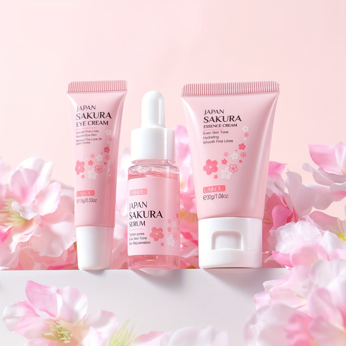 3-Piece LAIKOU Sakura Skin Care Set - Rejuvenating, Moisturizing, and Firming for Radiant Skin - Includes 17ml Serum, 30g Face Cream, and 15g Eye Cream