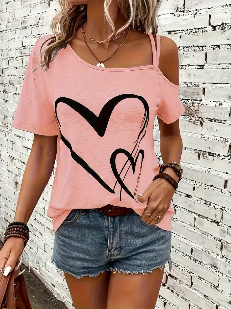 Heart Print Cold Shoulder T-shirt
