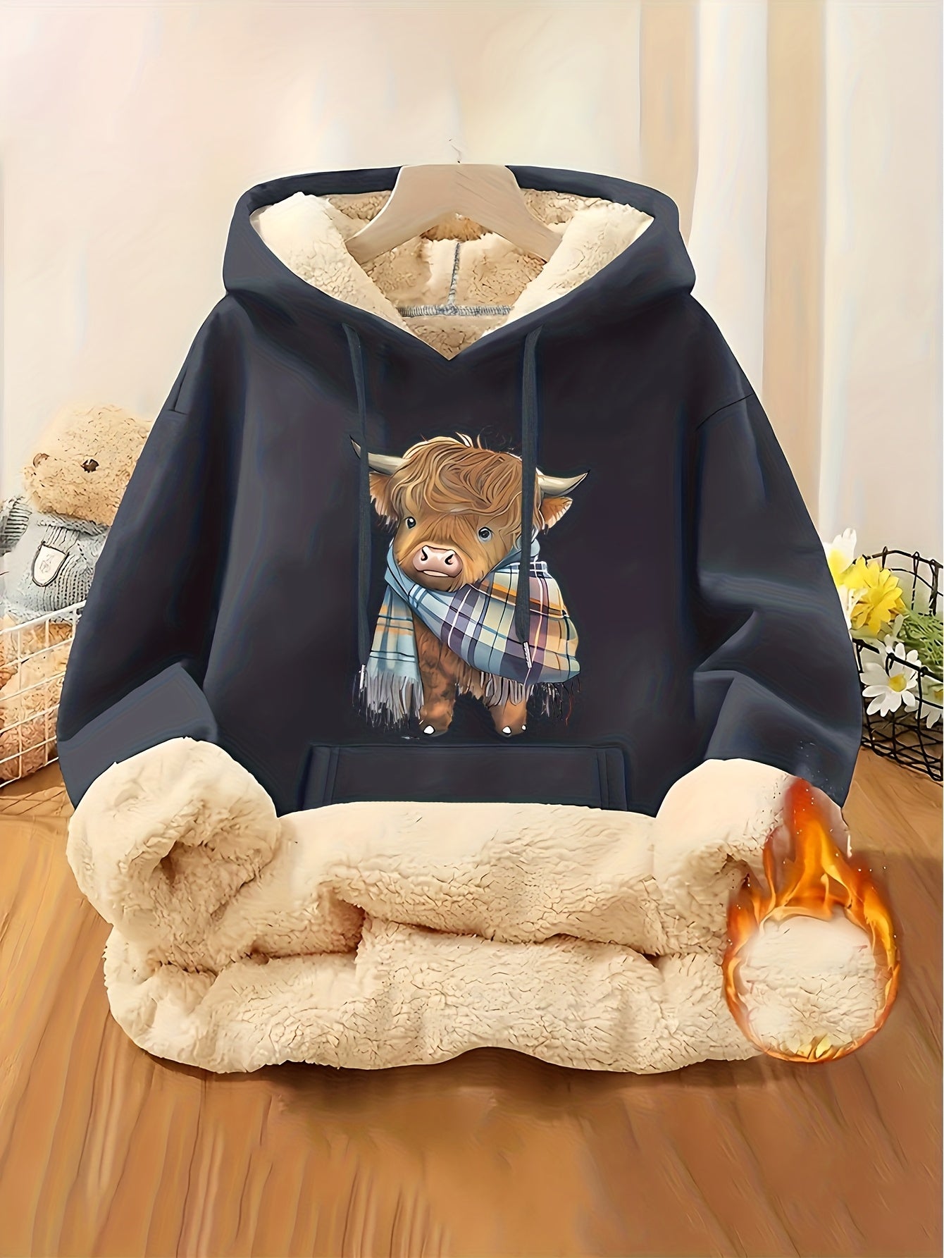 Women's Highland Cow Print Fleece Hooded Sweater - Thickened Winter Warmth, Cozy Plush Lining, Casual Retro Pullover with Pocket, Pink Scottish Cow Design, Sizes XS-XXL (Machine Washable) for Spring, Fall & Winter Layering