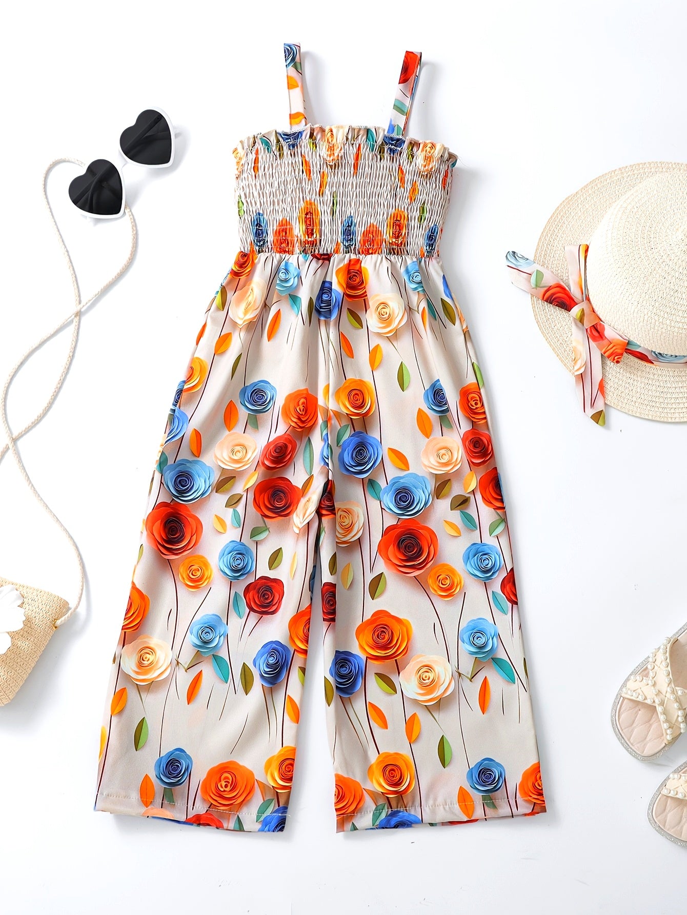 [Boho Flower Jumpsuit] Boho Flower Print Girls Shirred Cami Jumpsuit | For Going Out Party Holiday Kids Summer Clothes