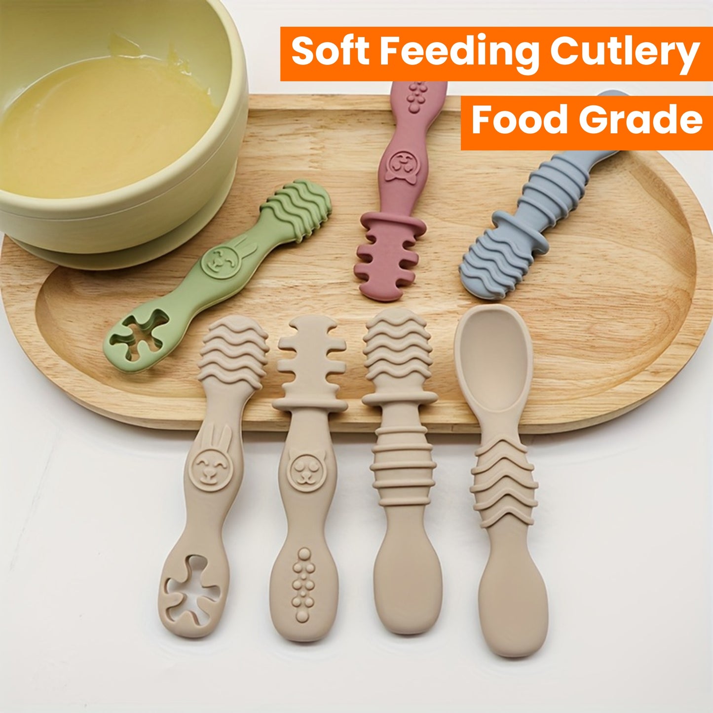 4pcs Baby Silicone Chewing Spoon Set, Food Grade Silicone Spoon And Fork Set, Silicone Spoon, Silicone Cutlery Training, Soft Feeding Cutlery