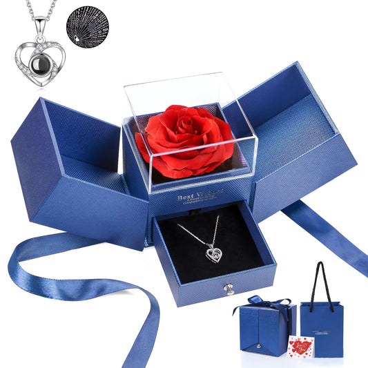 Preserved Rose Gifts for Mom Her Girlfriend Women with I Love You Necklace in 100 Languages, Mothers Day Gifts for Mom from Daughter Son on Birthday Anniversary Christmas
