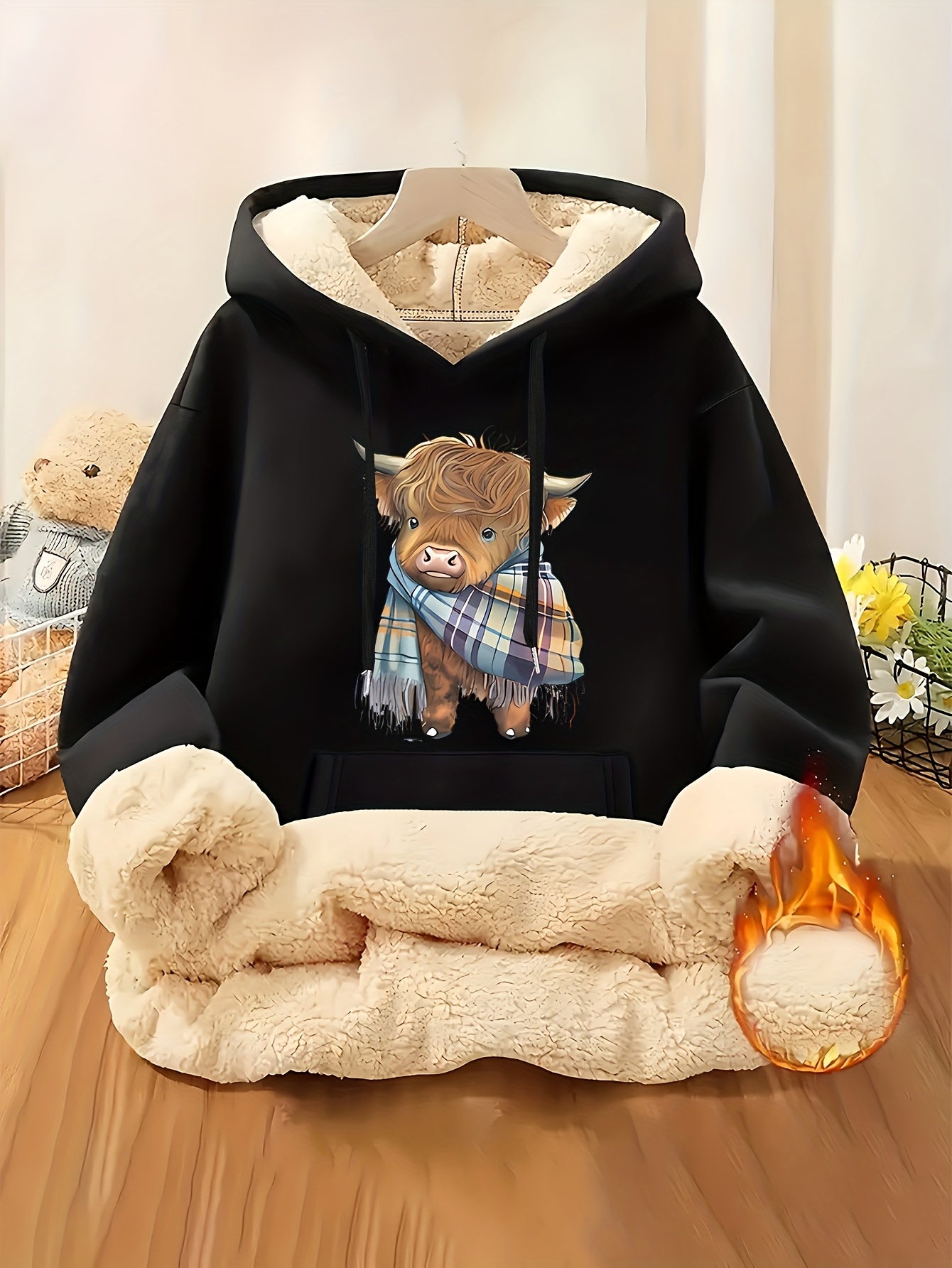Women's Highland Cow Print Fleece Hooded Sweater - Thickened Winter Warmth, Cozy Plush Lining, Casual Retro Pullover with Pocket, Pink Scottish Cow Design, Sizes XS-XXL (Machine Washable) for Spring, Fall & Winter Layering