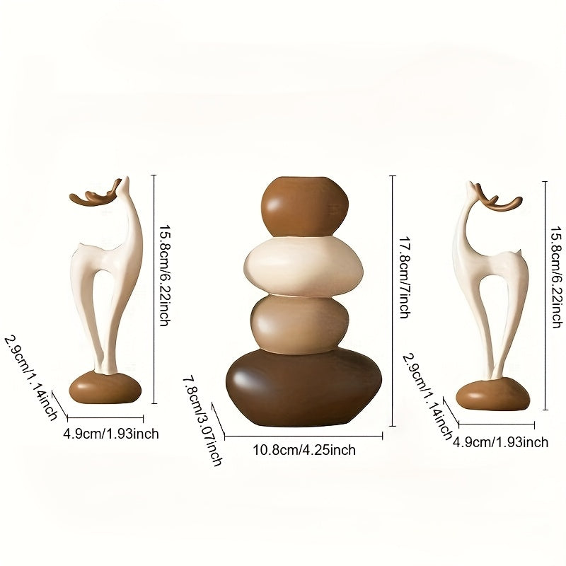 [Creative Stacked Stone Vase] 3pcs Creative Stacked Stone Vase and Deer Figurine Set | Resin Ornaments for Living Room, Bedroom, Office Desk, Bookshelf – Unique Christmas Gifts for Family & Friends