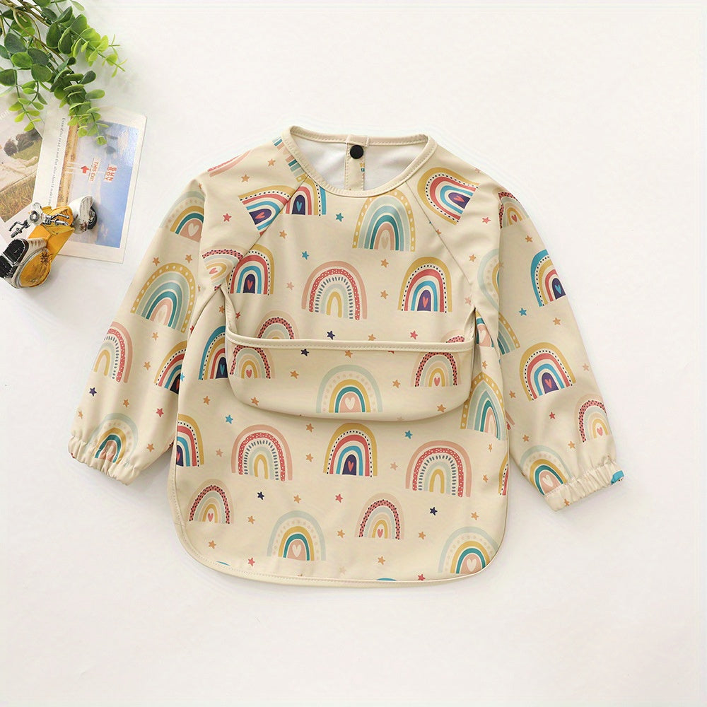Unisex Baby Long Sleeve Bib with Crumb Catcher, Polyester Fiber, Snap Closure, Kids Eating Apron with Pocket, White/Beige/Mixed Colors