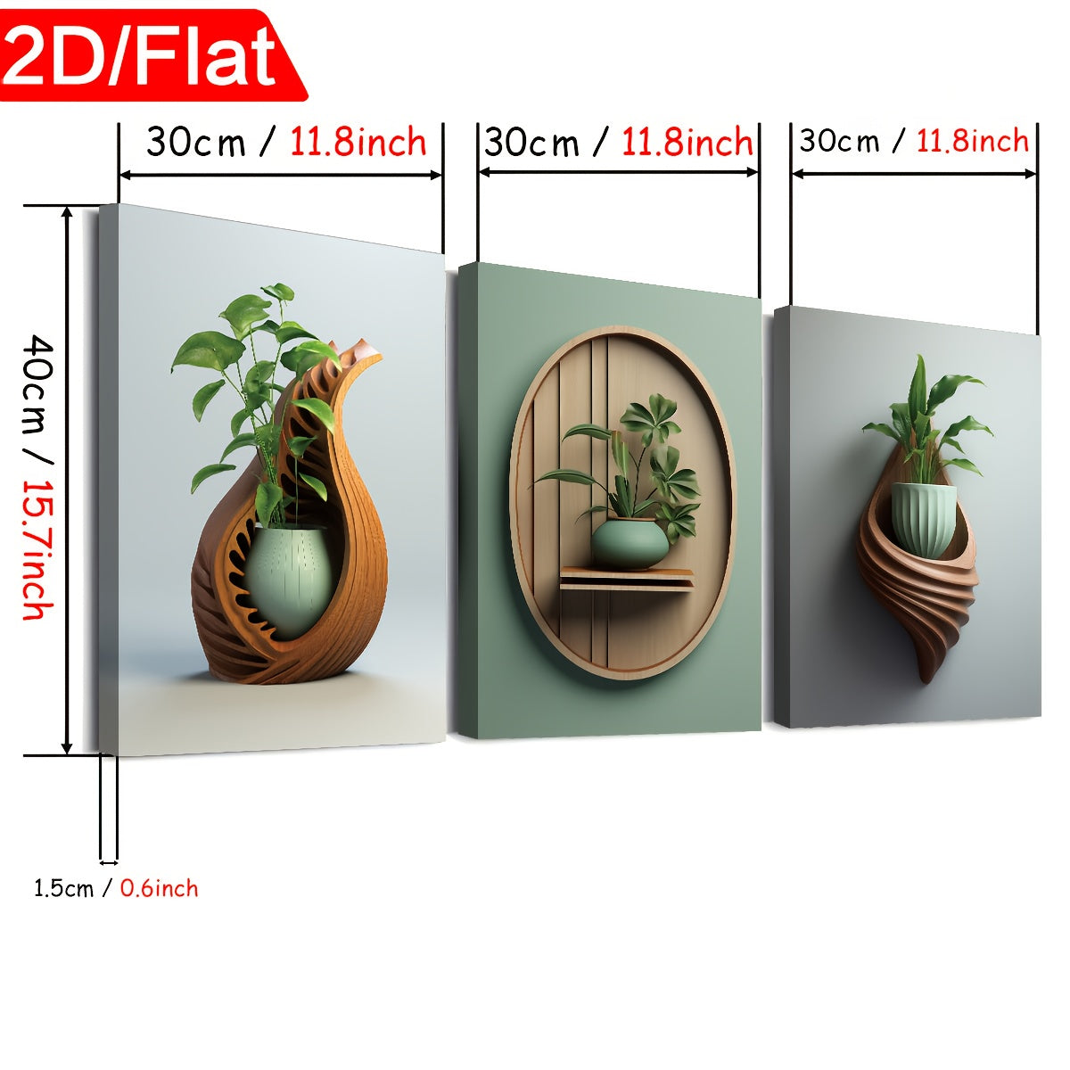 2D Flat Three 2D Printed Artworks with Frames, Including Canvas Paintings And Posters, Ready to Hang. They Feature a Modern Minimalist Style with Plant Vase Shapes, Creative Wood Carvings, And Serve As Home Decor, Wall Art, A