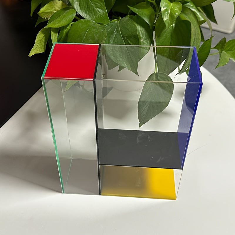1pc, Mondrian Modern Acrylic Vase with Transparent, Red, Yellow And Blue Panels - Modern Art Decoration Suitable for Home Decor, Room Deco
