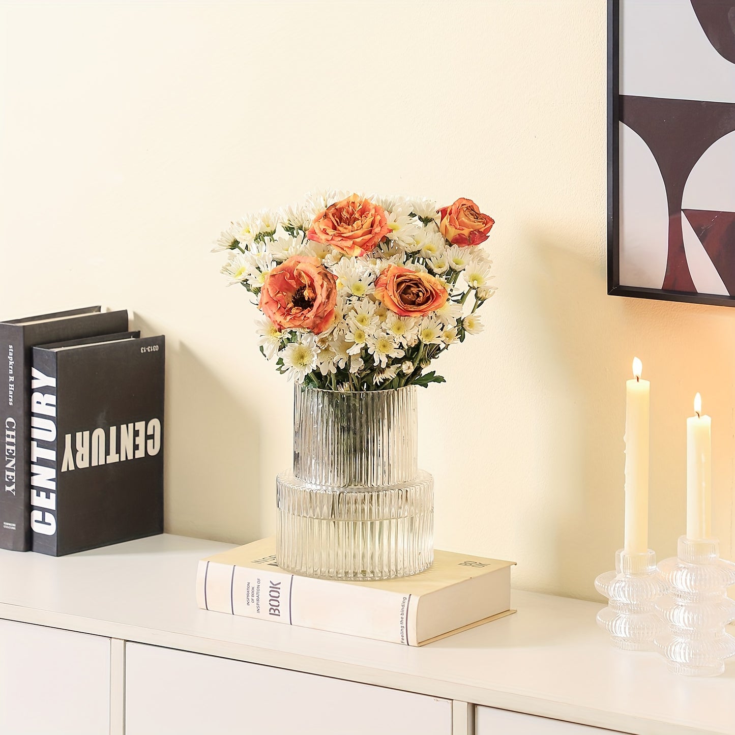 Modern Striped Glass Vase for Home & Restaurant Decor - Perfect for Spring/Summer Aesthetics, No Battery Needed